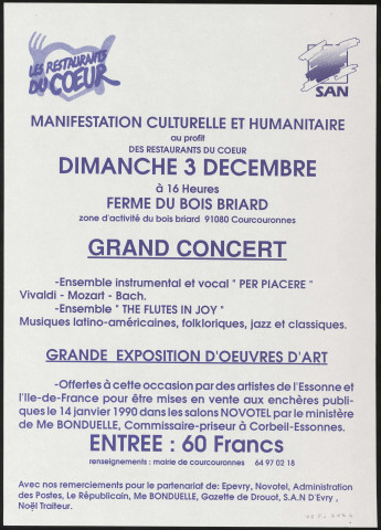 COURCOURONNES. - Manifestation culturelle et humanitaire, au profit des restaurants du coeur, Ferme du Bois briard, 3 décembre 1989. 