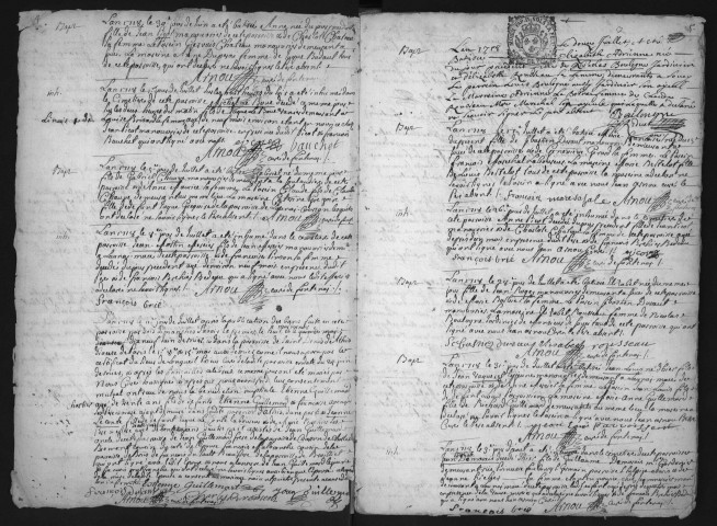 FONTENAY-LES-BRIIS. - Etat civil, registres paroissiaux : registre des baptêmes, mariages et sépultures (1718-1758). 