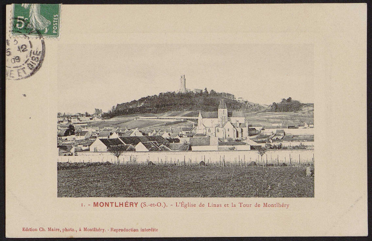 Linas.-  L'église de Linas et la tour de Montlhéry (décembre 1909). 