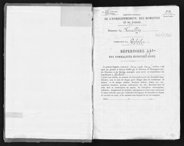 Conservation des hypothèques de CORBEIL. - Répertoire des formalités hypothécaires, volume n° 441 : A-Z (registre ouvert vers 1920). 