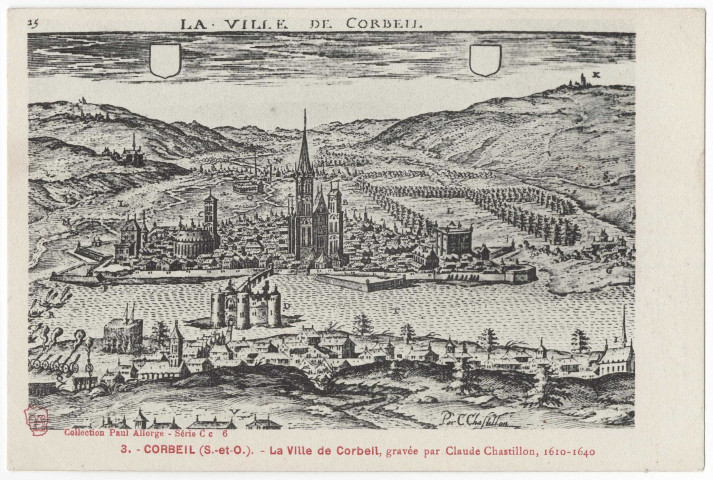 CORBEIL-ESSONNES. - La ville de Corbeil(d'après gravure par Claude Chastillon (1610-1640), Paul Allorge, dessin, cote négatif 1A77c. 