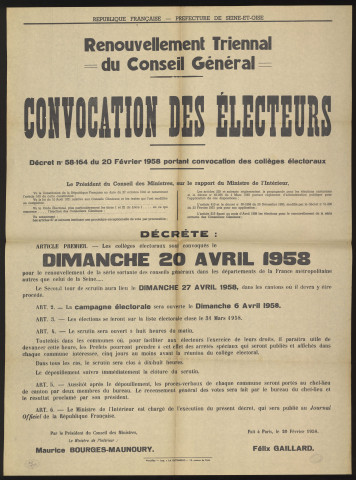 Seine-et-Oise [Département]. - Renouvellement triennal du Conseil Général. Convocation des électeurs, 20 février 1958. 