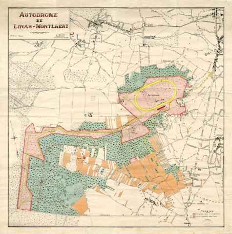 Linas-Montlhéry, plan de l'autodrome par Robert Bonnet, géomètre expert à Montlhéry, échelle 1/5000e (29 juin 1935). 