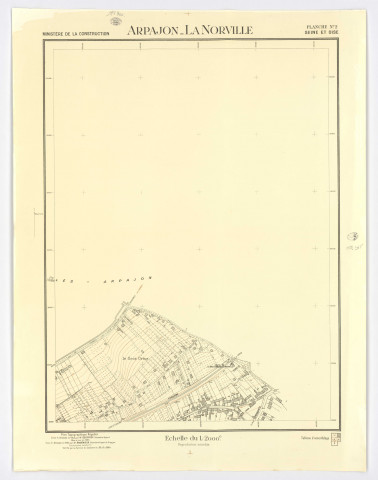 Plan topographique régulier d'ARPAJON - LA NORVILLE. - Zone A, dressée en 1945 par M. GEOFFROY, géomètre-expert, mise à jour en 1963 ; zone B, dressée en 1963 par M. ANGENIEUX, géomètre-expert, vérifié par le Service du Cadastre, feuille 2, Ministère de la Construction, 1964. Ech. 1/2.000. N et B. Dim. 0,80 x 0,62. 