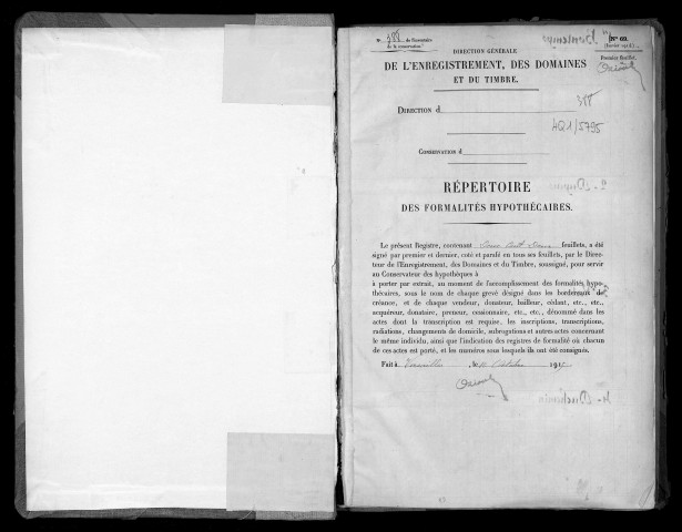 Conservation des hypothèques de CORBEIL. - Répertoire des formalités hypothécaires, volume n° 388 : A-Z (registre ouvert en 1915). 