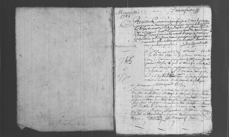 MONNERVILLE. Paroisse Saint-Aignan : Baptêmes, mariages, sépultures : registre paroissial (1745-1770). [Relié en désordre (1749). Nota bene : 1778 après 1779]. 