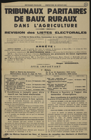 Seine-et-Oise [Département]. - Révision des listes électorales pour le renouvellement des tribunaux paritaires de Baux ruraux cantonaux et d'arrondissements dans l'agriculture (1953).