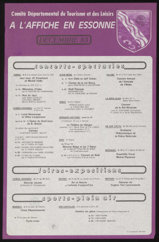 EVRY.- A l'affiche en Essonne : programme culturel, Comité départemental du tourisme et des loisirs, décembre 1983. 