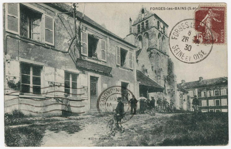 FORGES-LES-BAINS. - La poste [Editeur Poulain, 1930, timbre à 15 centimes, teintée de vert]. 