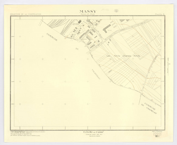 Plan topographique de MASSY dressé en 1945 par R. CHOQUARD, géomètre, mis à jour et dessiné par R. COLIN, géomètre-expert, feuille 5, Ministère de la Construction, 1960. Ech. 1/2.000. N et B. Dim. 0,61 x 0,75. 