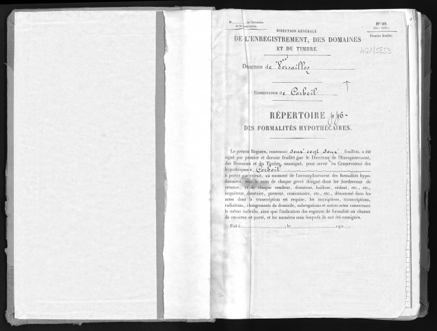 Conservation des hypothèques de CORBEIL. - Répertoire des formalités hypothécaires, volume n° 446 : A-Z (registre ouvert vers 1920). 