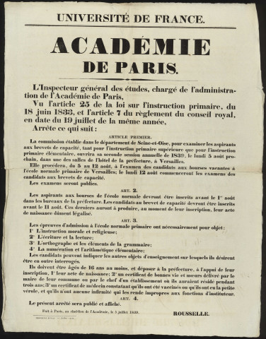 Seine [Département]. - Université de France. Académie de Paris. Arrêté portant sur les conditions d'inscription des jeunes gens pour l'examen du brevet de capacité, 5 juillet 1839. 