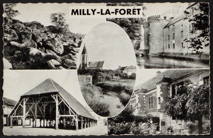 MILLY-LA-FORET.- Les roches, le château de la Bonde, les halles, la maison du bailly, l'église et la rivière l'Ecole (24 août 1954).