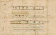 CORBEIL : plan général du pont, du quai, du chemin de halage et de la cale d'abordage, sign. Guibourg, 1829. Ech. 0,002 p.m..aquarellé, Dim. 0,94 m x 0,65 m ; plan et élévation d'une partie du quai, sign. Guibourg, 1829 . Ech. 0,005 p.m. ; aquarellé, Dim. 1,70 m x 0,65 m ; plan et élévation d'une autre partie du quai, sign. Guibourg, 1829. Ech. 0,005 p.m., aquarellé, Dim. 1,65 m x 0,65 m ; plans en élévations du pont, sign. Guibourg, 1829. Ech. 0,005 p.m., aquarellé, Dim. 1,05 m x 0,65 m ( beau plan) ; plan , coupe, élévation, sign. Guibourg, 1829. Ech. 0,01 p.m., aquarellé, Dim. 1,05 m x 0,65 m. (beau plan en mauvais état) ; plans, coupes et élévations des deux ponts en charpente sur la rivière Essonne, sign. Guibourg, 1829. Ech. 0,01 p.m. entoilé, aquarellé, Dim. 1,05 m x 0,65 m ; six plans des six piles du pont, sign. Sermet, 1832, Dim. 0,30 m x 0,45 m ; deux plans des culées rive gauche et rive droite, sign. Sermet, 1832, Dim. 0, 30 m x 0,45m ; entretoises droites et obliques, sign. Guibourg, 1839. Ech. 0,2 p.m., calque entoilé, Dim. 0,45 m x 0,55 m (en double) ; embases, sign. Guibourg, 1839. Ech. 0,2 p.m., calque entoilé, Dim. 0,45m x 0,68m (en double) ; liens des anneaux, sign. Guibourg, 1839. Ech. 0,2 p.m., calque entoilé, Dim. 0,56 m x 0,45 m (en double) ; coupe d'un arc de rive, sign. Guibourg, 1839, grandeur d'exécution, calque entoilé, Dim. 0,58 m x 0,39 m (en double) ; cales cunéiformes, sign. Guibourg, 1839. Ech. 0,2 p.m., calque entoilé, Dim. 0,32 m x 0,45 m.(en double) ; plan développé de la moitié d'une arche, sign. Guibourg, 1839. Ech. 0,05 p.m., calque, Dim. 0,70 m x 0,25 m ; devis et cahier des charges, 1839 ; analyse des prix, 1839 ; détail estimatif, 1839 ; avant-métré des travaux, 1839 ; procès-verbal d'adjudication du 25 février 1840 pour la restauration et construction d'un quai aux abords dudit pont ; approbation d'adjudication pour la restauration de deux arches et l'établissement d'un quai en aval rive gauche du 12 mars 1840 ; travaux supplémentaires à exécuter pour le rallongement du pont des moulins de la réserve de l'apport de Paris ; détail estimatif ; élévation d'une travée de garde corps du pont, sign. Guibourg, 1841. Ech. 0,1 p.m, Dim. 0,31 m x 0,23 m ; demande de crédits pour le treillage du garde de corps ; demande de remblais de la rue du Prêtre pour raccordement avec le nouveau quai ; reconstruction du grand pont et construction de quais aux abords de ce pont. Analyse des prix, 1839 ; détail estimatif des travaux, 1839. Les dépenses ; acquisition d'immeubles, dommages causés à diverses propriétés et cession de terrain, subvention accordée par la ville de CORBEIL ; indemnités accordées à l'entrepreneur ; modification au régime de la navigation pendant les travaux de reconstruction, 1840 ; déblaiement du port du Gendarme, du port du Boulanger et de la voute Duclos ; indemnisation aux habitants situés le long des quais pour dommages causés lors de comblement, 1840-1844 ; projet de construction de nouvelles voûtes en remplacement de l'ancien pont du Ruisseau de la Boucherie dans la traversée du chemin de halage et du quai de l'Instruction sur la rive gauche de la Seine ; rapport ; dessin ; devis ; avant-métré ; sous-détail des prix ; estimation de la dépense, 1852 ; reconstruction du tablier en charpente du pont de la Boucherie, 1857. 