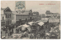 CORBEIL-ESSONNES. - Le marché couvert, la place un jour de marché, Bonvalot, 1905, 2 mots, 5 c, ad. 