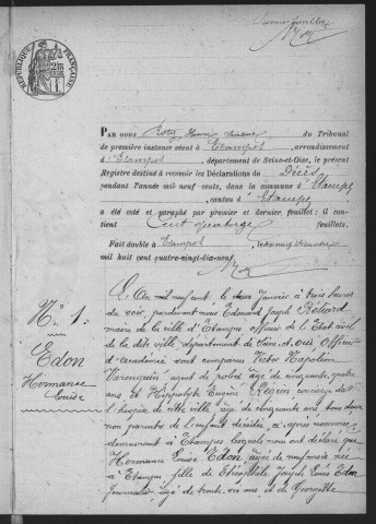 ETAMPES.- Décès : registre d'état civil (1900). 