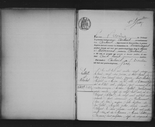 ESSONNES. Mariages : registre d'état civil (1892). 