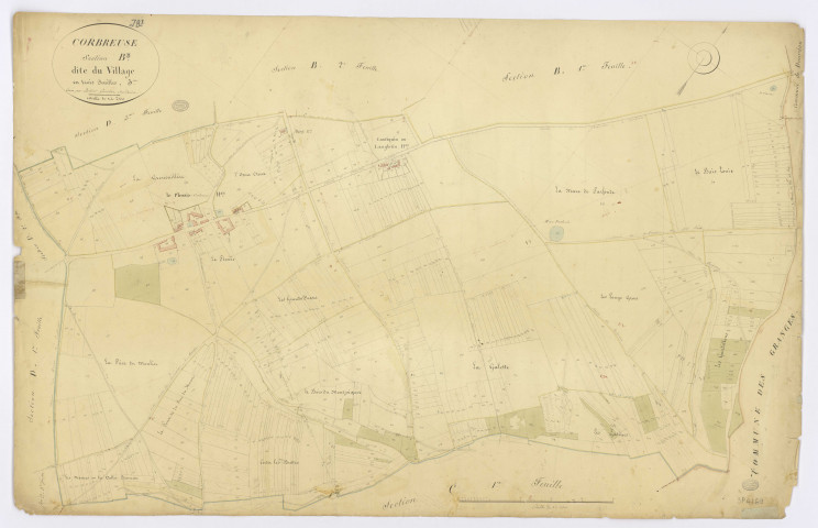 CORBREUSE. - Section B - Village (le), 3, ech. 1/2500, coul., aquarelle, papier, 66x103 (1828). 