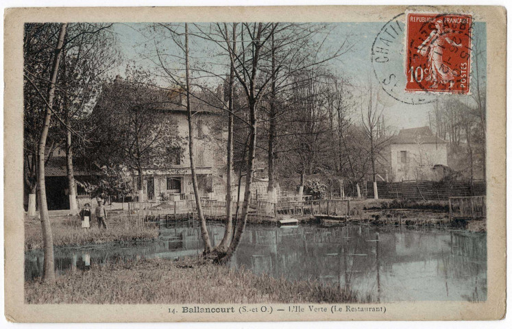 BALLANCOURT-SUR-ESSONNE. - L'Ile-Verte (le restaurant), Rouanet, 1911, 14 lignes, 10 c, ad., sépia et bleue. 