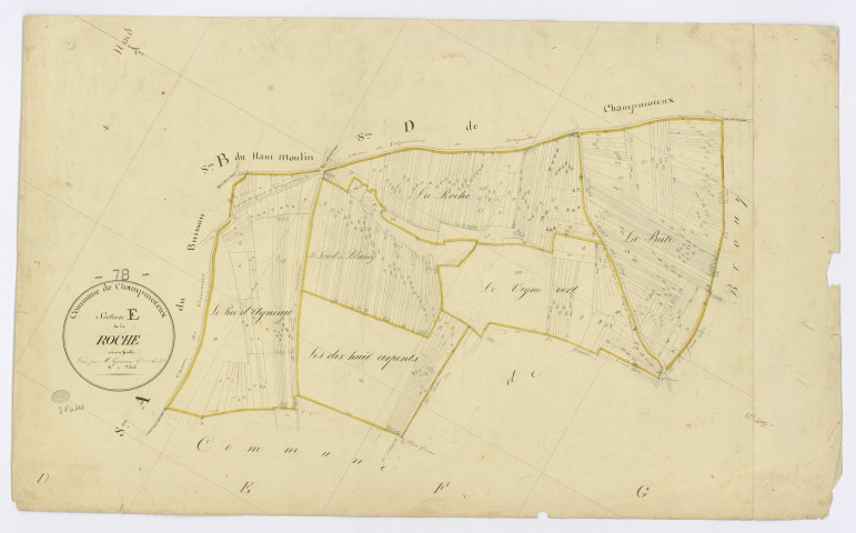 CHAMPMOTTEUX. - Section E - Roche (la), ech. 1/2500, coul., aquarelle, papier, 60x98 (1813). 