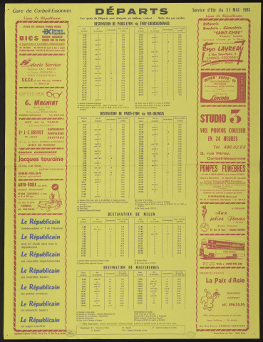 Le Républicain [quotidien régional d'information]. - Départs des trains de la gare de Corbeil-Essonnes, à partir du 31 mai 1981 [service d'été] (1981). 