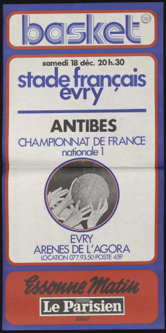EVRY.- Championnat de France de Basket, nationale 1 : Stade français d'Evry - Antibes, Arênes de l'Agora, [18 décembre 1976]. 