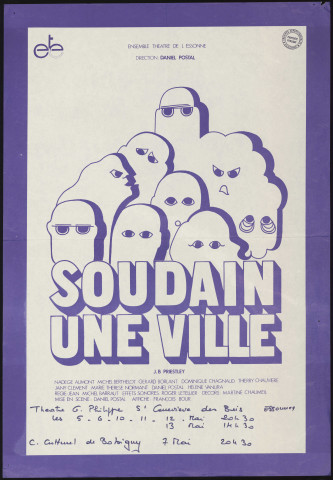 SAINTE-GENEVIEVE-DES-BOIS.- Représentation théâtrale : Soudain une ville, par le Théâtre Gérard Philipe, mai 1977. 