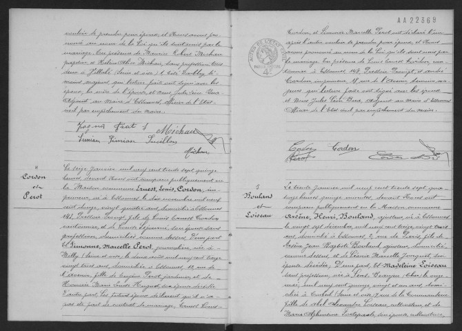 ESSONNES.- Mariages : registre d'état civil. 