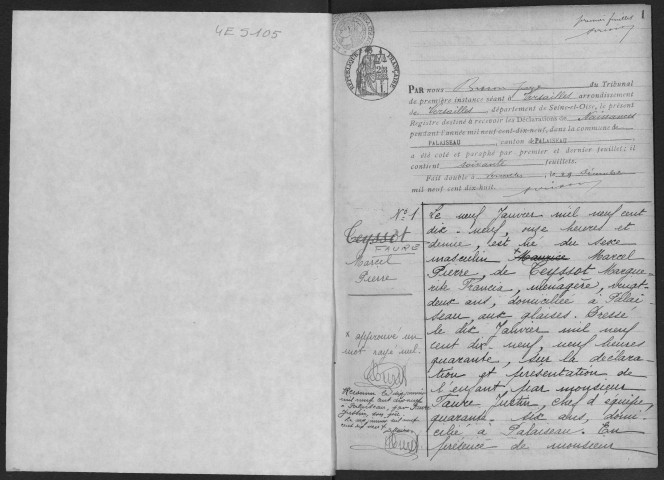 PALAISEAU. - Naissances : registre d'état civil.