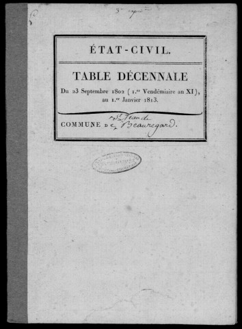 SAINT-JEAN-DE-BEAUREGARD. Tables décennales (1802-1902). 