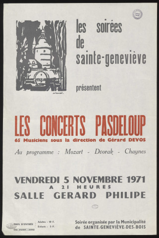 SAINTE-GENEVIEVE-DES-BOIS.- Les concerts Pasdeloup, 65 musiciens sous la direction de Gérard Devos, Salle Gérard Philipe, 5 novembre 1971. 