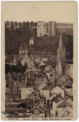 ETAMPES. - Vue sur Guinette, églises Notre-Dame et Saint-Basile [Editeur Rameau, 1934, timbre à 25 centimes, sépia]. 