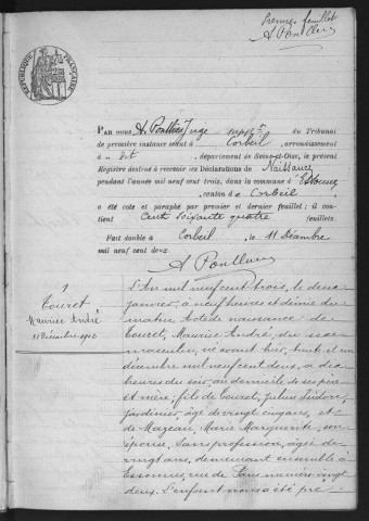 ESSONNES.- Naissances : registre d'état civil (1903). 