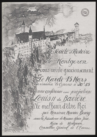 MONTGERON.- Conférence projection : Louis II de Bavières ou le malheur d'être roi, Cinéma ""le Cyrano"", 15 mars 1988. 