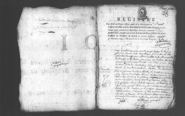 MAINVILLE (DRAVEIL). Naissances, mariages, décès : registre d'état civil (1793-an V). 