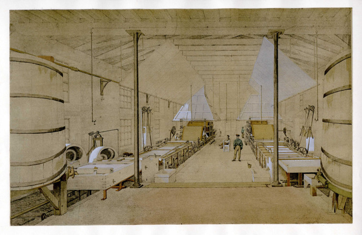 CORBEIL-ESSONNES.- La papeterie d'Essonnes, la fabrication du papier : tables de fabrication du papier, par A. Maugendre, 1846, Coul. Dim. 37 x 55 cm. [2 exemplaires]. 