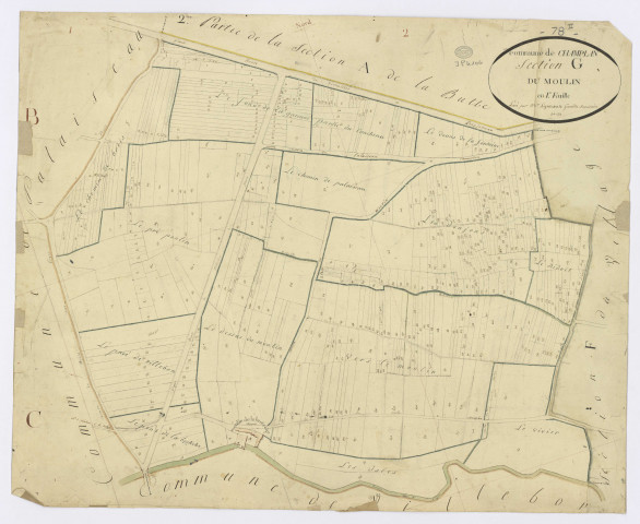 CHAMPLAN. - Section G - Moulin (le), ech. 1/1250, coul., aquarelle, papier, 62x75 (1811). 