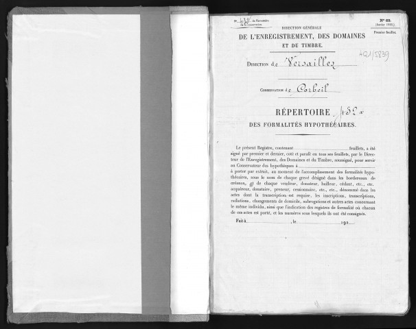 Conservation des hypothèques de CORBEIL. - Répertoire des formalités hypothécaires, volume n° 432 : A-Z (registre ouvert vers 1920). 