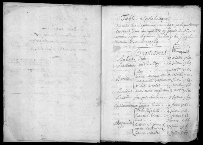 CHAMPCUEIL. - Registre des baptêmes, mariages et sépultures (1760 - 1769). 