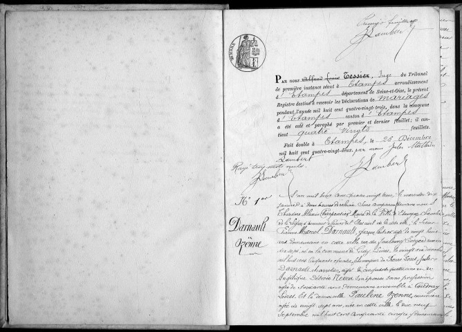 ETAMPES. Mariages : registre d'état civil (1883). 