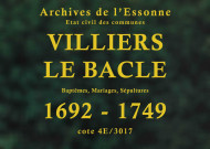 VILLIERS-LE-BACLE. Paroisse Notre-Dame : Baptêmes, mariages, sépultures : registre paroissial (1692-1716, 1737-1749). 