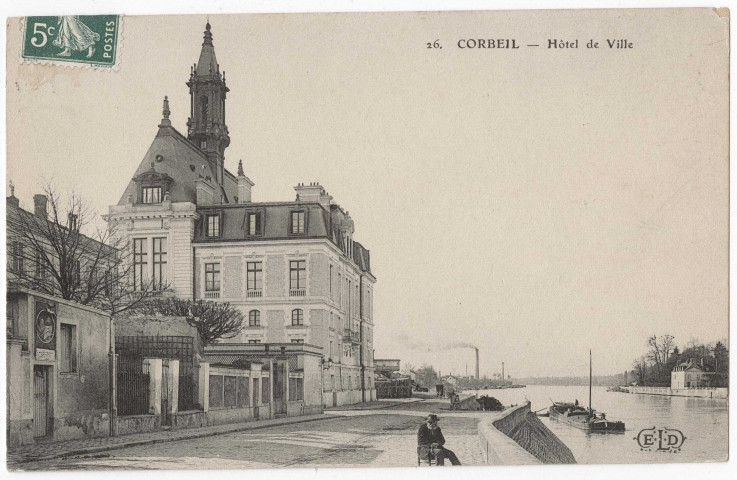 CORBEIL-ESSONNES. - Hôtel de ville (côté quai de Seine), ELD, 1908, 2 mots, 5 c, ad. 