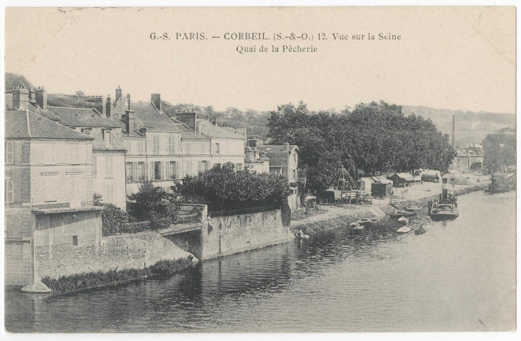 CORBEIL-ESSONNES. - Vue sur la Seini et le quai de la Pêcherie, GS, cote négatif 3B132/9. 