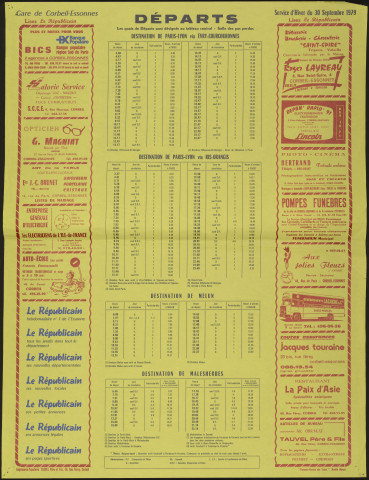 Le Républicain [quotidien régional d'information]. - Départs des trains de la gare de Corbeil-Essonnes, à partir du 30 septembre 1979 [service d'hiver] (1979). 