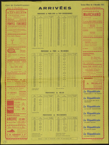 Le Républicain [quotidien régional d'information]. - Arrivées des trains en gare de Corbeil-Essonnes, à partir du 6 décembre 1975 [service d'hiver] (1975). 