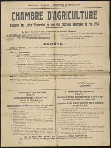 Seine-et-Oise [Département]. - Arrêté préfectoral portant sur la révision des listes électorales en vue des élections générales de mai 1959, à la Chambre d'agriculture (19 novembre 1958).