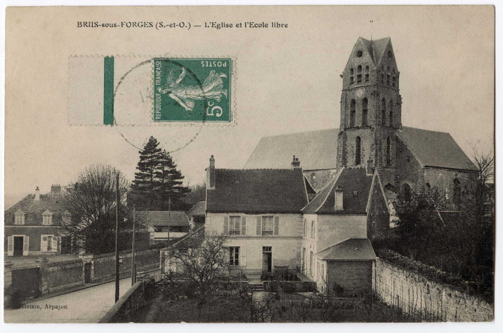 BRIIS-SOUS-FORGES. - L'église et l'école libre, Roisin, 1914, 5 mots, 5 c, ad. 