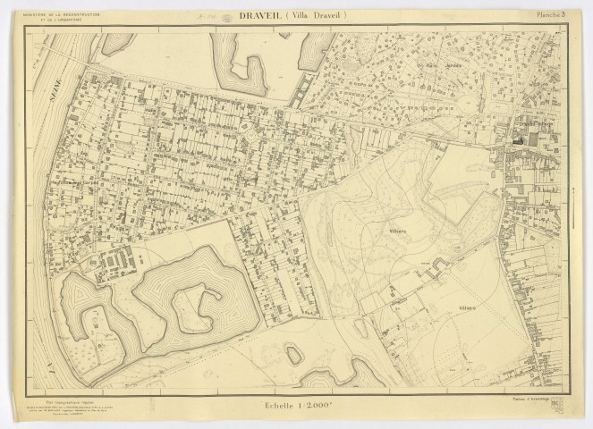 Plan topographique régulier de DRAVEIL (VILLA DRAVEIL) dressé et dessiné par L. POUSSIN, géomètre, vérifié par M. MALLARD, ingénieur-géomètre, feuille 3, Ministère de la Reconstruction et de l'Urbanisme, 1945. Ech. 1/2.000. N et B. Dim. 0,72 x 1,00. 