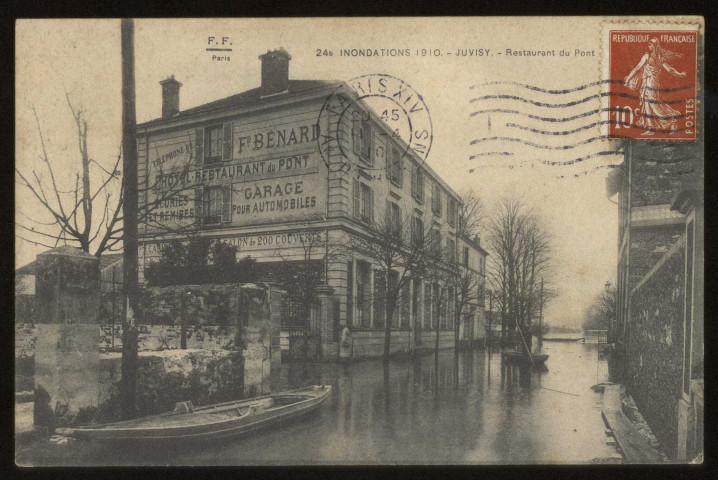 JUVISY-SUR-ORGE. - Inondations de 1910, restaurant du pont. Editeur F.F., Paris, 1910, timbre à 10 centimes. 