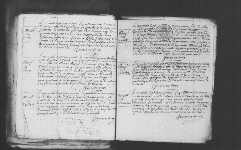 BONDOUFLE. Paroisse Saint-Fiacre et Saint-Denis : Baptêmes, mariages, sépultures : registre paroissial (1692-1760). Lacunes : B.M.S. (1716-1736, 1743). 
